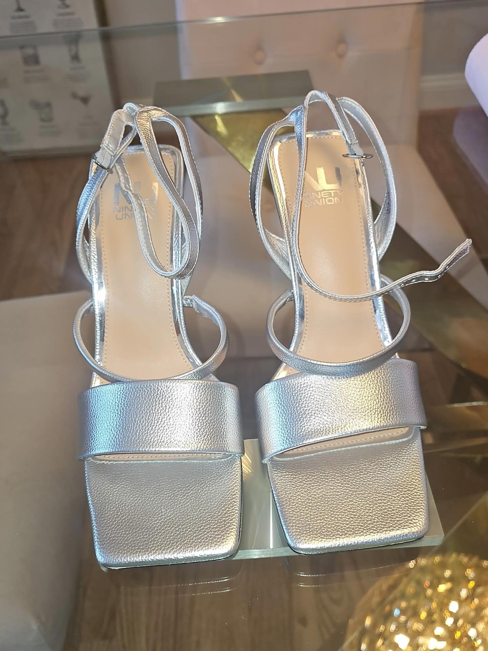 Metallic Silver Strappy Square-Toe Heels by VINET UNION